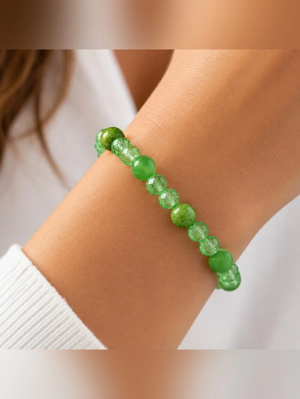 🌸 2/$16🌸 Green Crystal & Acrylic Stretch Bracelet | Handmade Beaded Stackable